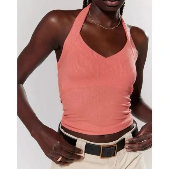 Silence + Noise Rebel Ribbed Coral Halter V-Neck Top XS - Picture 1 of 11